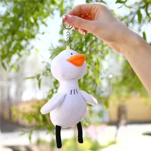 Détail d'un pendentif canard en peluche blanche avec bec orange et porte-clés argent