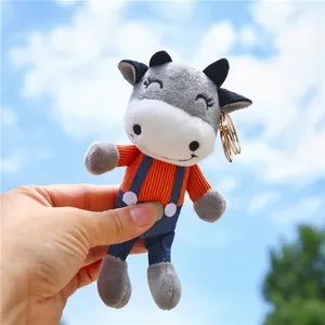 Cute Cow Plush Keychain Pendant With Stripe Sweater And Denim Overalls Soft Stuffed Animal Bag Charm For Kids Women Gift