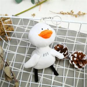 Détail d'un mignon porte-clés canard en peluche blanche avec bec orange et anneau argenté