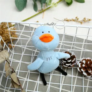 Gros plan d'un porte-clés canard en peluche bleu clair dans un panier décoratif en métal