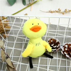 Détail de porte-clés canard en peluche jaune aux longues pattes dans un panier blanc