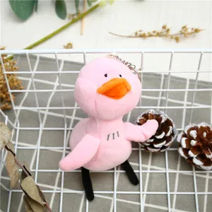 Gros plan d'un porte-clés oiseau en peluche rose avec chaîne argentée sur panier blanc