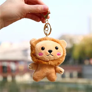 Dettaglio del portachiavi a leone di peluche con guance rosa e chiusura in metallo dorato