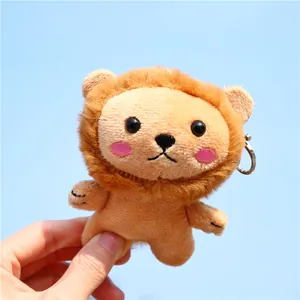 Dettaglio di portachiavi a leoncino in peluche con guance rosa e anello su sfondo azzurro
