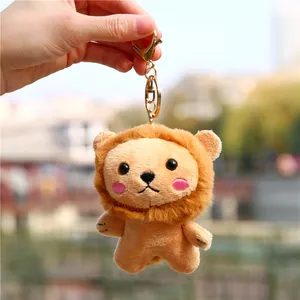 Dettaglio di un portachiavi a forma di leone in peluche con guance rosa alla luce