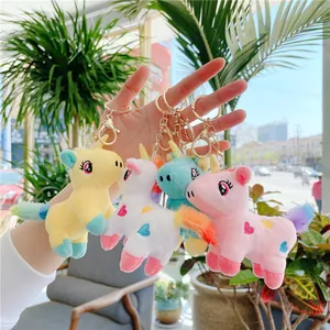 Cute Rainbow Unicorn Plush Keychain With Heart Embroidery Soft Stuffed Animal Toy Bag Hanging Pendant For Kids Girls Gift