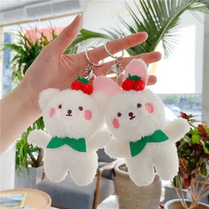 Cute teddy bear and bunny plush keychains with cherry decor and green bowties