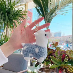 Cute blue alpaca plush keychain with golden metal ring and white spotted curly fleece