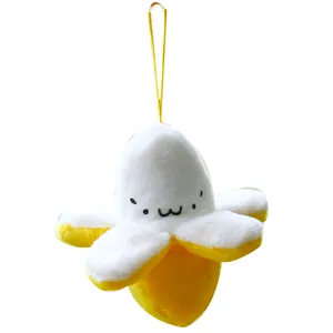 Cute peeled banana plush keychain with funny facial expression and yellow hanging strap