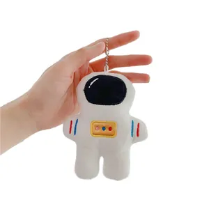 Plush astronaut keychain with colorful embroidery and a silver bead chain on white