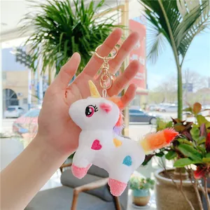 Detailed view of plush unicorn keychain with rainbow mane and gold metallic sequins