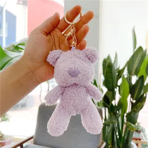 Lavender purple plush teddy bear keychain with golden metal clasp for bag accessories