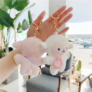 Cute plush lamb keychain set with pink embroidery and golden metal ring for gift