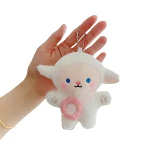Cute white plush sheep toy pendant with pink flower and silver beaded chain