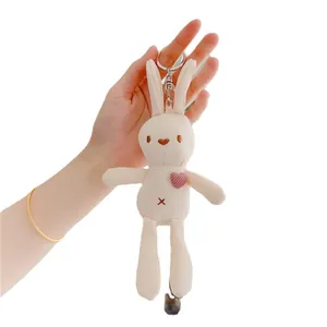 Cute off-white long-eared rabbit plush keychain with pink heart embroidery