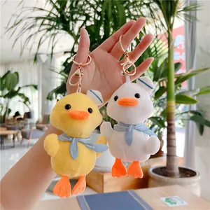 Detail of plush duck keychain with sailor hat and blue scarf on a metal hook