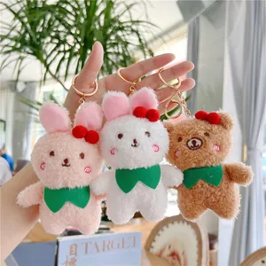 Cute Plush Rabbit Bear Keychain Cherry Bow Decor Stuffed Toy Mini Doll Pendant Bag Charm For Girls Women Kawaii Animal Accessories