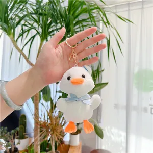 Dettaglio del portachiavi a forma di anatra bianca con accessori blu tenuto in mano