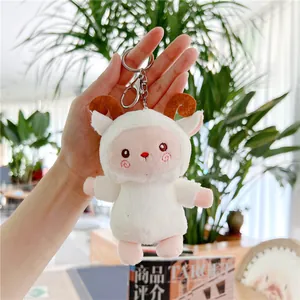 Close-up of cute plush sheep keychain with white faux fur and brown spiral horns