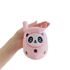 Roze panda boba thee pluche hanger met schattig borduurwerk en metalen ring