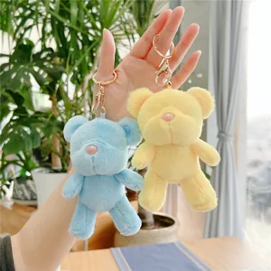 Plush teddy bear keychain pendants in blue and yellow soft velvet with golden metal ring