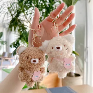 Schattige pluche beer sleutelhangers in bruin en beige met roze konijnentasjes en goud