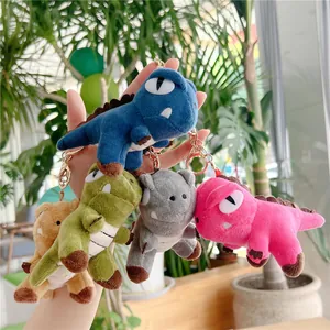 Cute plush dinosaur keychains in five colors with metal clips for bag decoration