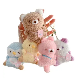 Set van 5 schattige pluchen dieren sleutelhangers: beer, pinguïn, kuiken, konijn en kat