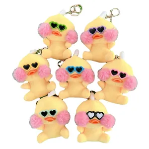 Cute yellow plush duck keychains with colorful heart sunglasses and pink plush cheeks