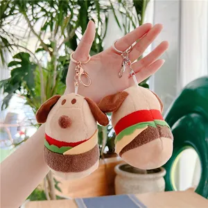 Simpatico portachiavi peluche cane hamburger con strati colorati e gancio in metallo