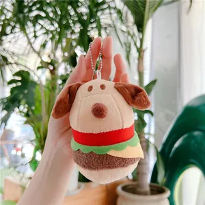 Portachiavi peluche cane hamburger con simpatica testa di cane, strati di lattuga e formaggio