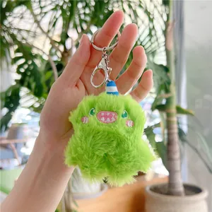 Close-up of fluffy green monster plush keychain with blue striped horn and silver metal clasp