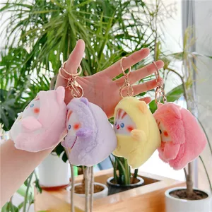 Schattige pluizige kat pluche sleutelhangers in roze paars geel met gouden metalen ring