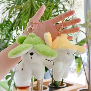 Detail of plush banana dog keychain with colorful hats and gold lobster clasp