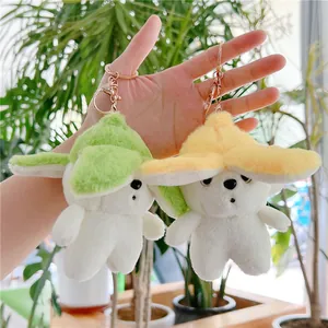 Detailed view of plush bear keychains with green and yellow hats held in hand