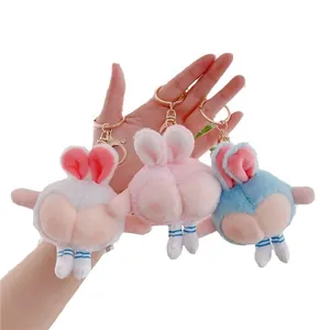 Three colorful plush bunny keychains featuring unique peach butt designs and golden clips