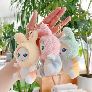 Plush bunny ear cat pendant keychain in soft pastel colors with gold clasp accessory