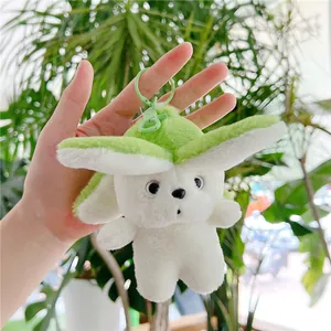Close-up of cute white plush dog cabbage charm with green leaf ears and plastic hook