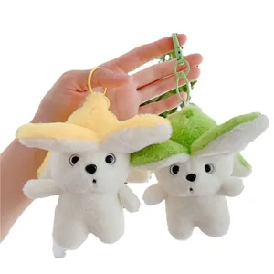 Cute plush banana dog keychain pendants with colorful petal hats and matching clips