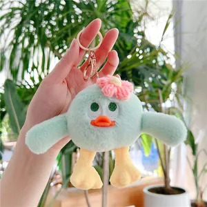 Détail d'un porte-clés canard en peluche vert menthe avec de grands yeux et fermoir