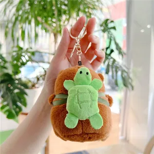 Close-up of plush capybara toy keychain with green turtle backpack and golden hook