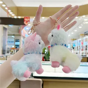 Cute Alpaca Plush Keychain Gradient Multicolor Stuffed Animal Doll Bag Charm With Beaded Necklace For Girls Bag Pendant Gift