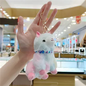 Detailed view of colorful plush alpaca keychain with gradient fur and beaded collar