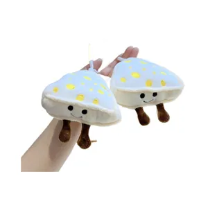 Cute mushroom plush keychain set with white caps and yellow dots for backpack charms