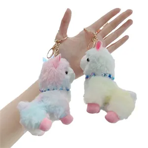 Colorful plush alpaca keychain pendants with golden metal clasps and bead necklace