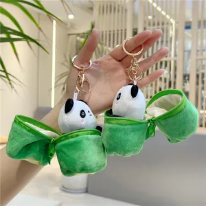 Cute panda plush keychain in green bamboo tube storage bag with gold metal clip