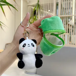 Cute panda plush keychain set with bamboo shoot pouch and gold metal lobster clasp