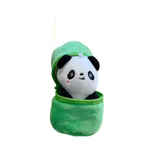 Cute panda plush toy inside a green bamboo shoot zipper pouch for backpack hanging