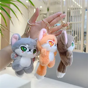 Cute plush fox and wolf keychains in grey, orange, and brown with gold lobster clasps
