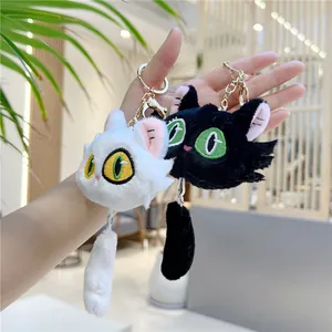 Detail of plush cat keychains featuring soft faux fur and vibrant embroidered eyes